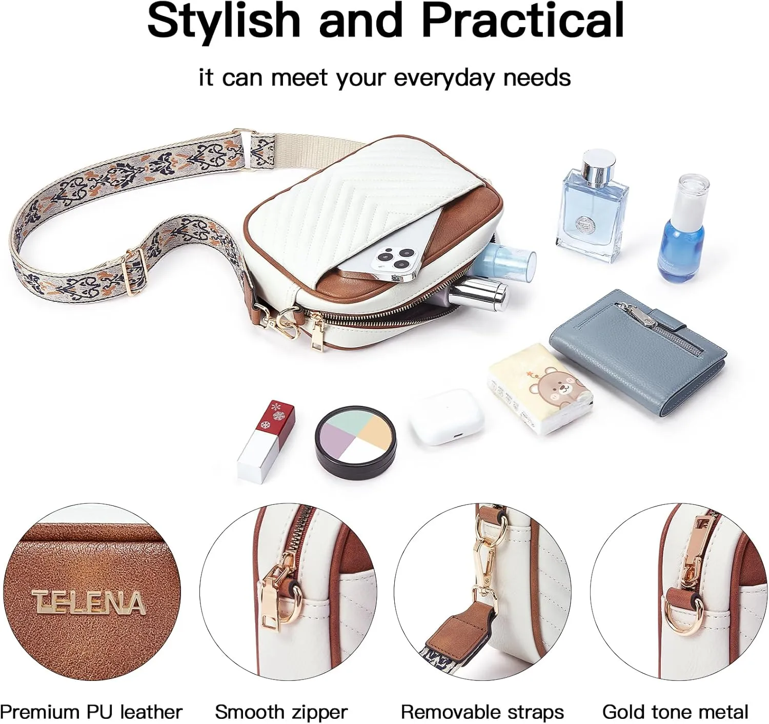 Telena Crossbody bags for Women Trendy Quilted Crossbody Bag Faux Leather Purse with Wide Strap