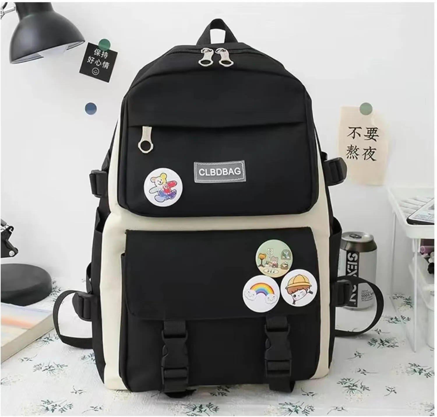 Teslawi kawaii backpack 4Pcs Set Aesthetic backpack 17in backpack，with Kawaii Pendants，Crossbody Bag ，Pencil Case, Handbag (Black)