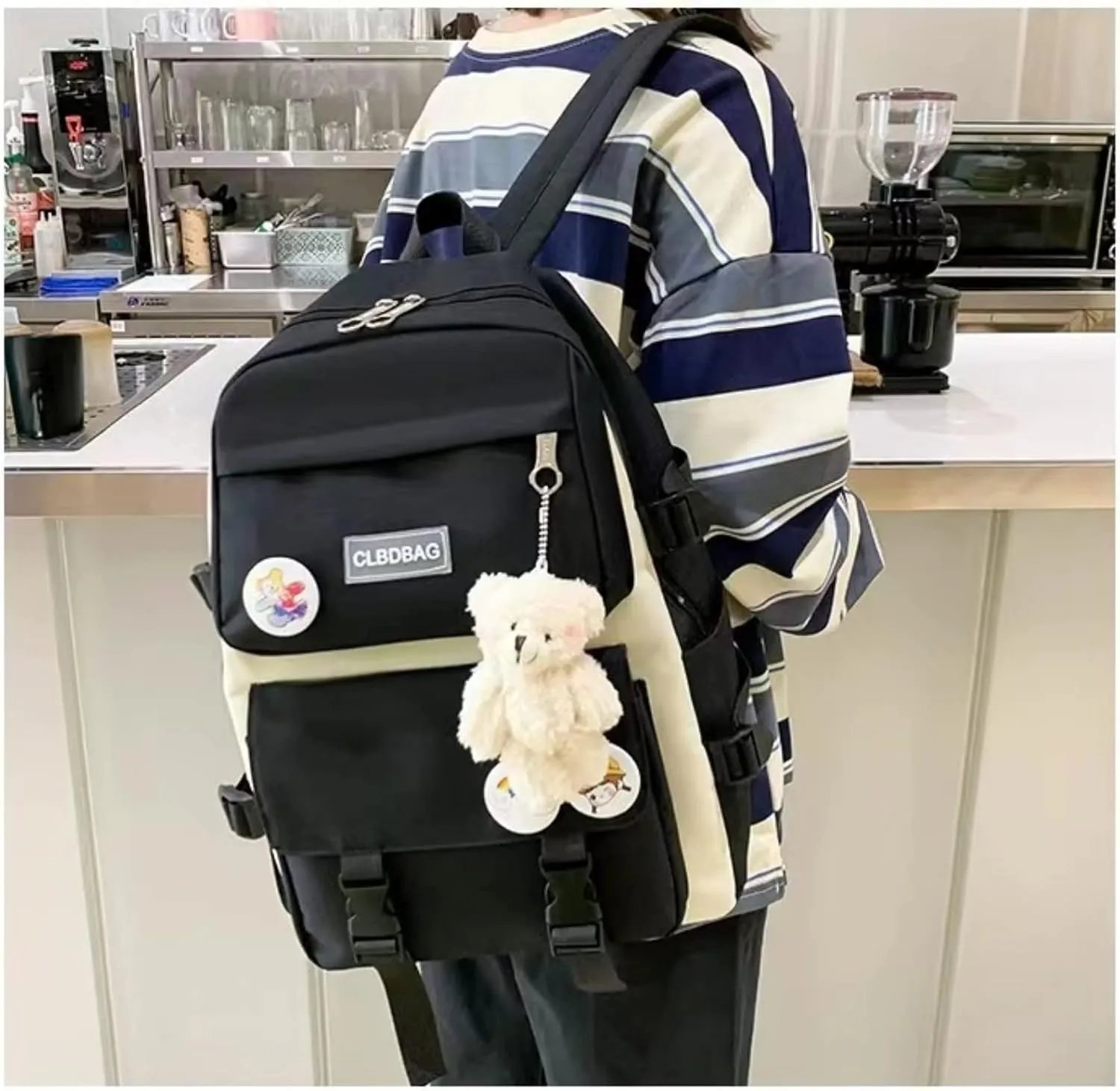 Teslawi kawaii backpack 4Pcs Set Aesthetic backpack 17in backpack，with Kawaii Pendants，Crossbody Bag ，Pencil Case, Handbag (Black)