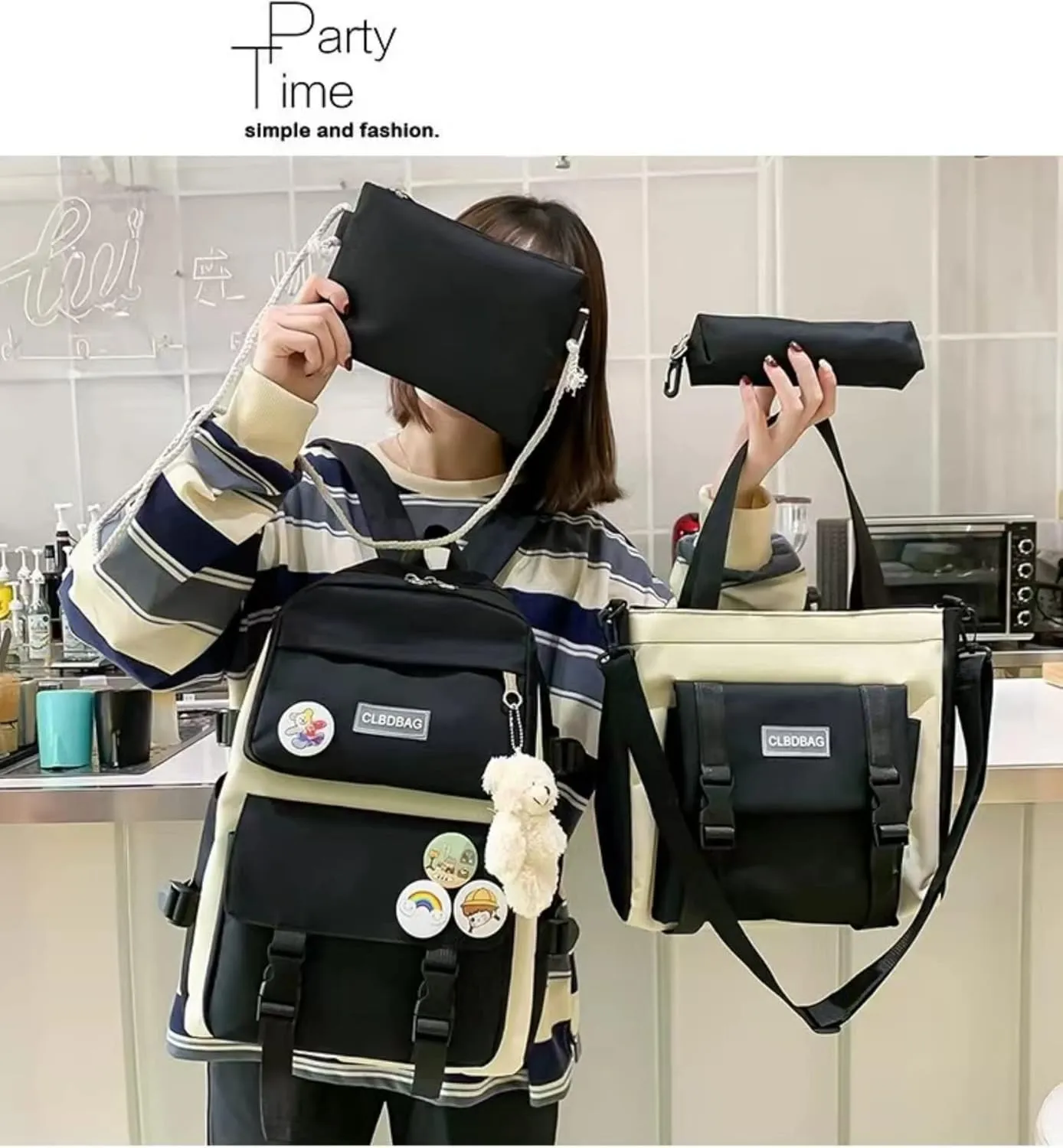 Teslawi kawaii backpack 4Pcs Set Aesthetic backpack 17in backpack，with Kawaii Pendants，Crossbody Bag ，Pencil Case, Handbag (Black)