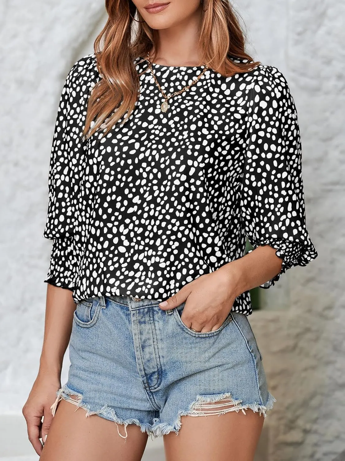 Teurkia Women's Polka Dot 3/4 Sleeve Blouse Tops Ladies Casual Office Work Crew Neck T-Shirt