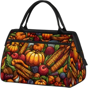 Thanksgiving Food Pumpkin Corn Gym Bag for Women Men, Travel Sports Duffel Bag with Trolley Sleeve, Waterproof Sports Gym Bag Weekender Overnight Bag Carry On Tote Bag for Travel Gym Sport