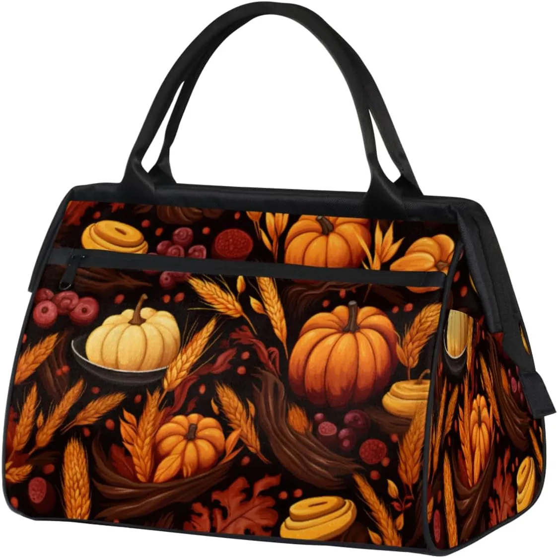 Thanksgiving Food Pumpkin Ear Of Wheat Gym Bag for Women Men, Travel Sports Duffel Bag with Trolley Sleeve, Waterproof Sports Gym Bag Weekender Overnight Bag Carry On Tote Bag for Travel Gym Sport