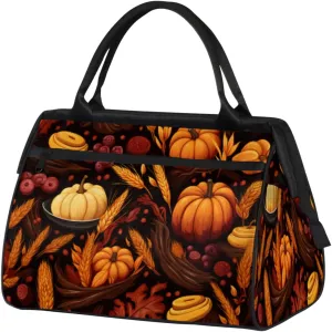 Thanksgiving Food Pumpkin Ear Of Wheat Gym Bag for Women Men, Travel Sports Duffel Bag with Trolley Sleeve, Waterproof Sports Gym Bag Weekender Overnight Bag Carry On Tote Bag for Travel Gym Sport