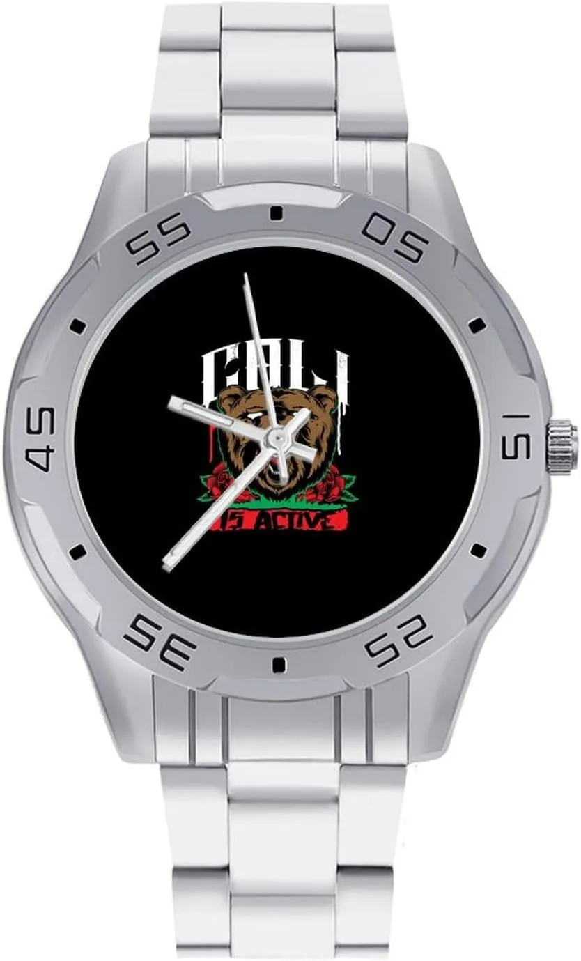 The California Republic Bear Simple Wrist Watches for Men Silver Casual Big Face Dress Watch Easy to Read