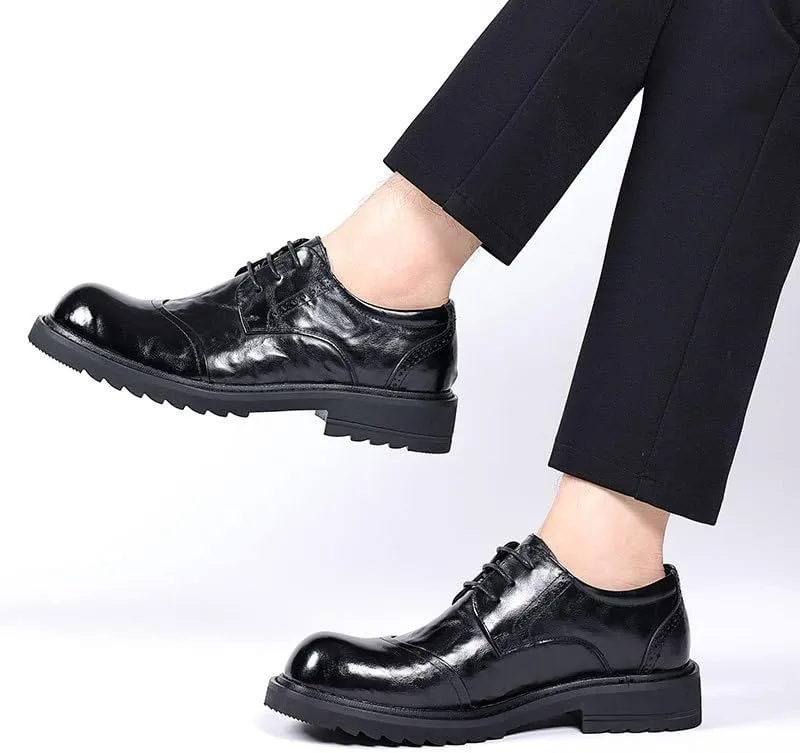 Thick Sole Big Men's Casual Leather Shoes Business Rubber Soft Sole Round Lace Up Shoes for Men(6)