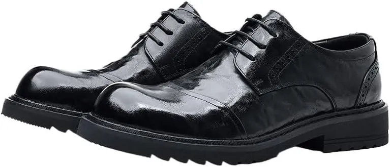 Thick Sole Big Men's Casual Leather Shoes Business Rubber Soft Sole Round Lace Up Shoes for Men(6)