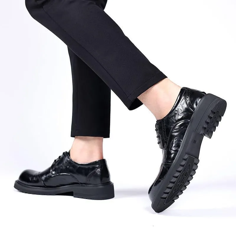Thick Sole Big Men's Casual Leather Shoes Business Rubber Soft Sole Round Lace Up Shoes for Men(6)