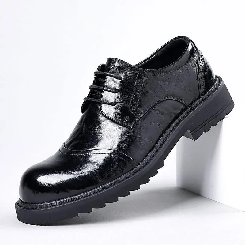 Thick Sole Big Men's Casual Leather Shoes Business Rubber Soft Sole Round Lace Up Shoes for Men(6)
