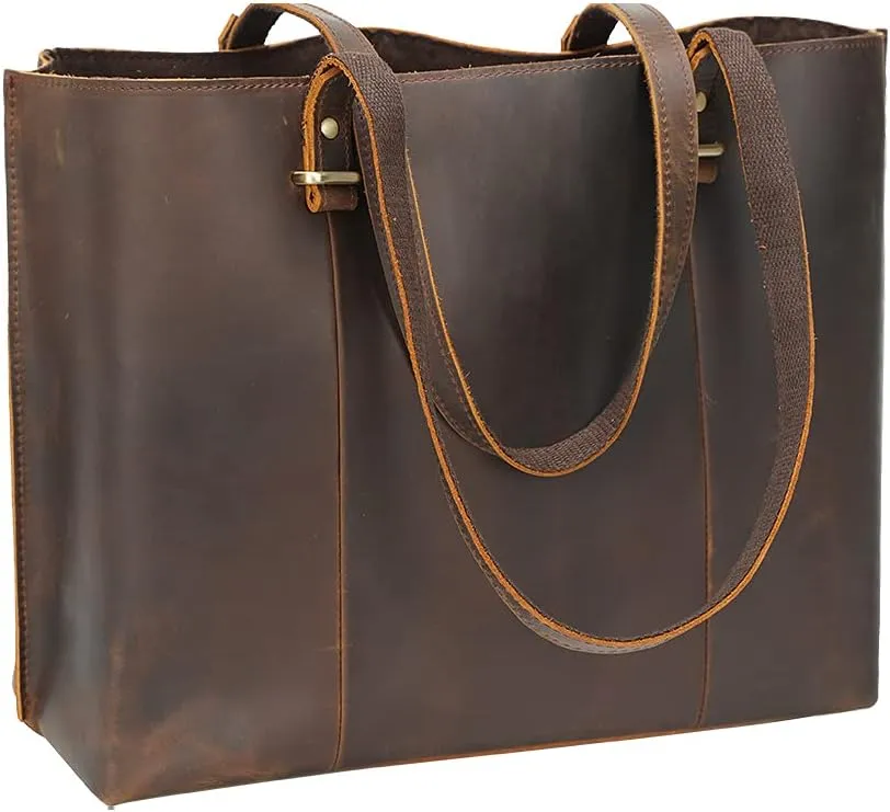 TIDING Vintage Full Grain Leather Tote Shoulder Bag for Women Business Work Satchel Handbag with Top Handles