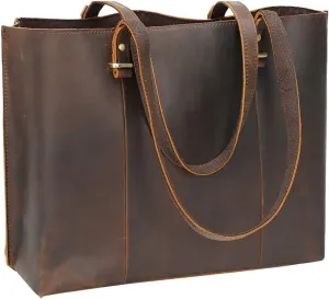 TIDING Vintage Full Grain Leather Tote Shoulder Bag for Women Business Work Satchel Handbag with Top Handles