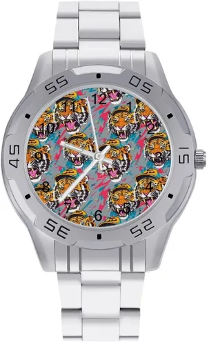 Tiger with Baseball Cap Artistic Simple Wrist Watches for Men Silver Casual Big Face Dress Watch Easy to Read