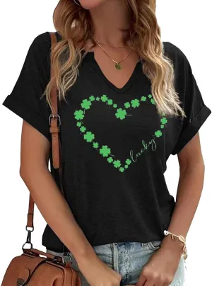 TIXOM St Patrick's Day V Neck Shirts for Womens Irish Shamrock Graphic Tee Funny Lucky Heart Printed Short Sleeve Shirts Tops