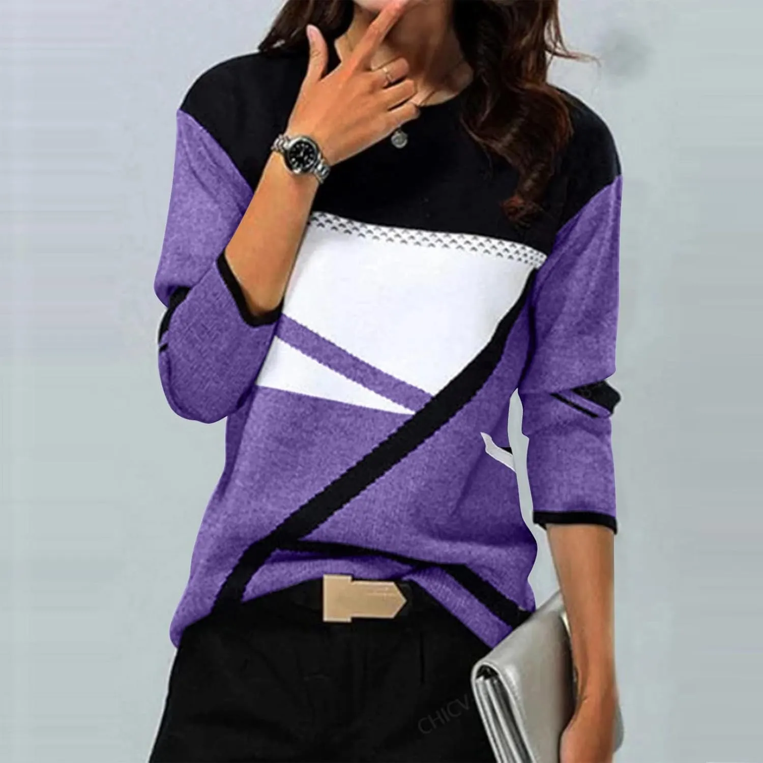 Tops for Women Fall 2024 Color Block Floral Printed Casual Sweatshirts Loose Fashion Round Neck Comfy Pullover Shirts