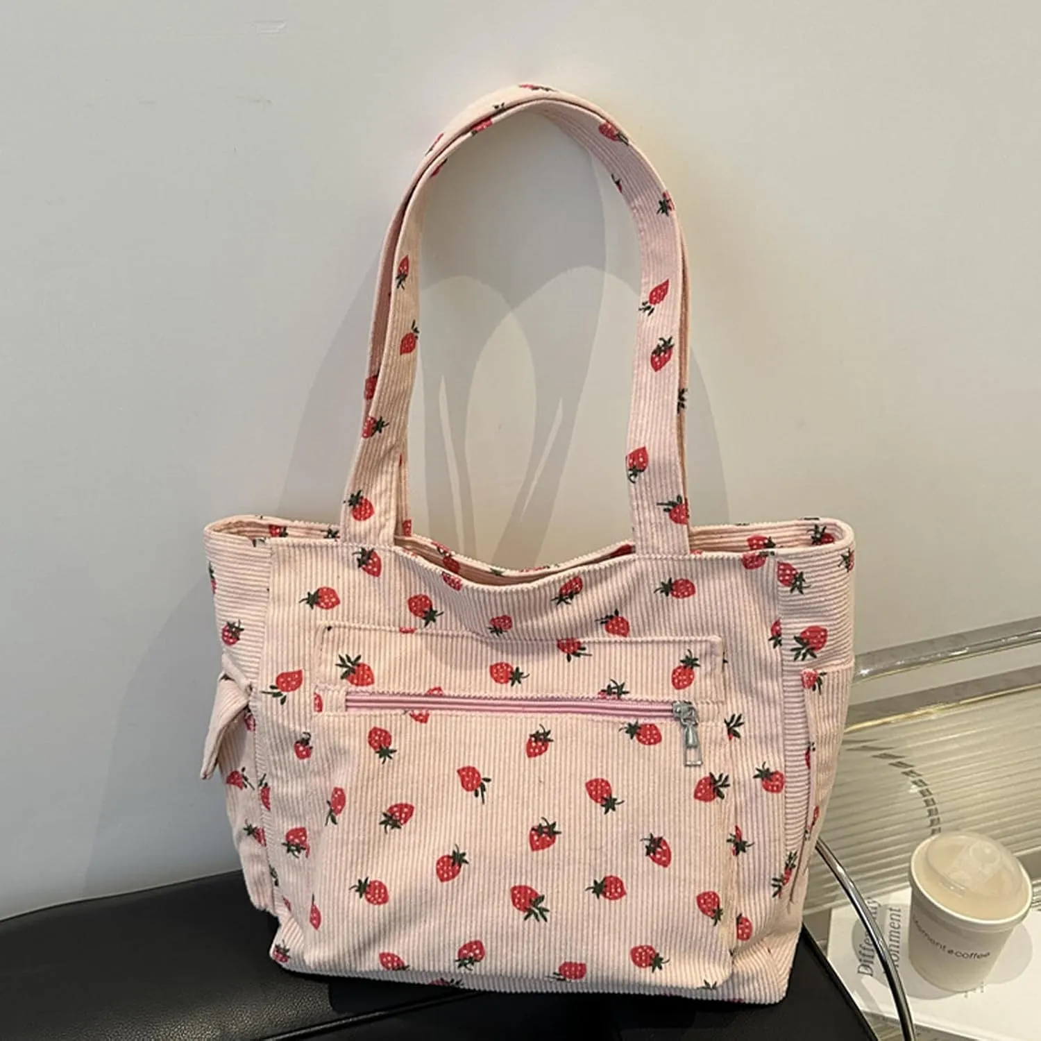 Tote Bag for Women Corduroy Handbag Large Capacity Travel Shoulder Purse Pink Cute Strawberries Canvas Bag