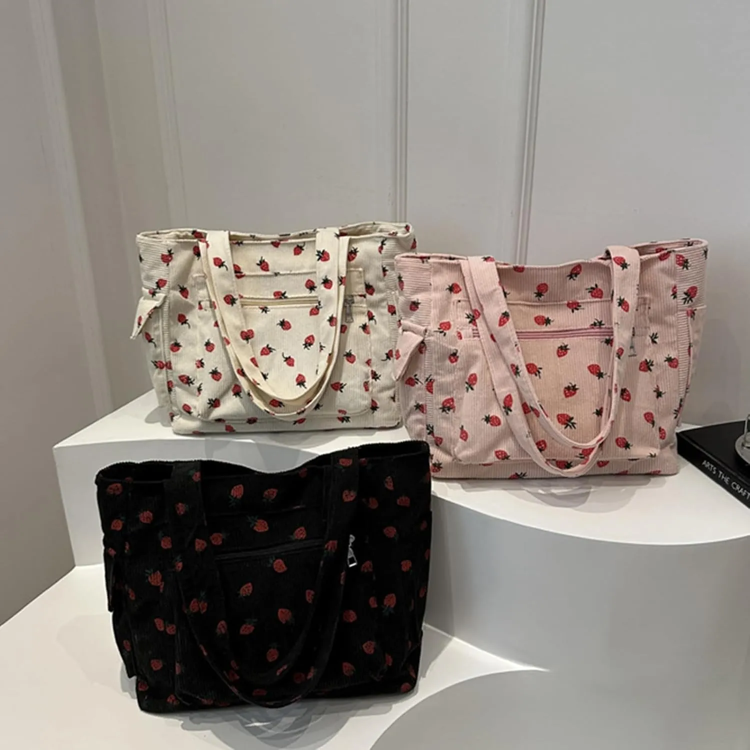 Tote Bag for Women Corduroy Handbag Large Capacity Travel Shoulder Purse Pink Cute Strawberries Canvas Bag