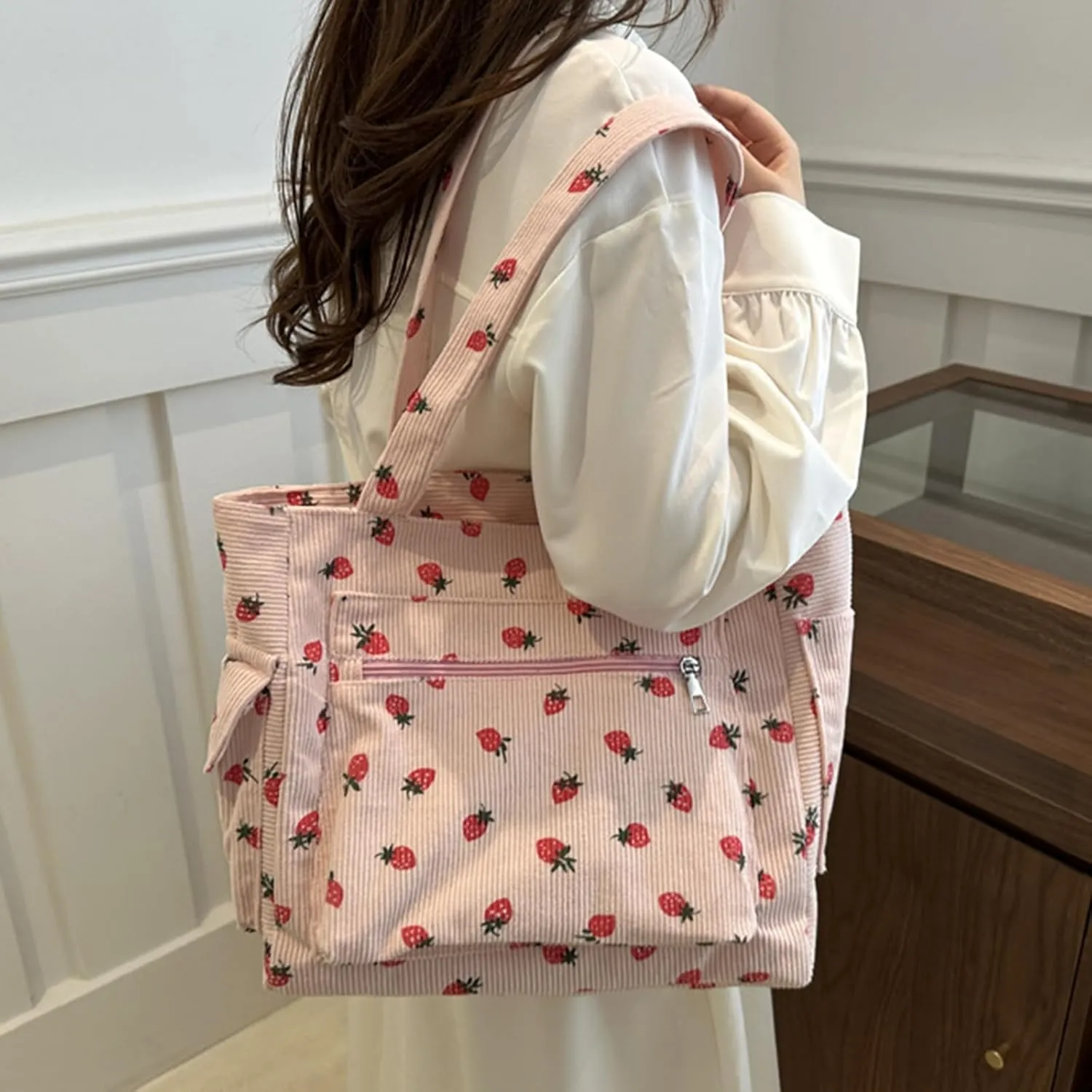Tote Bag for Women Corduroy Handbag Large Capacity Travel Shoulder Purse Pink Cute Strawberries Canvas Bag