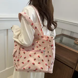 Tote Bag for Women Corduroy Handbag Large Capacity Travel Shoulder Purse Pink Cute Strawberries Canvas Bag