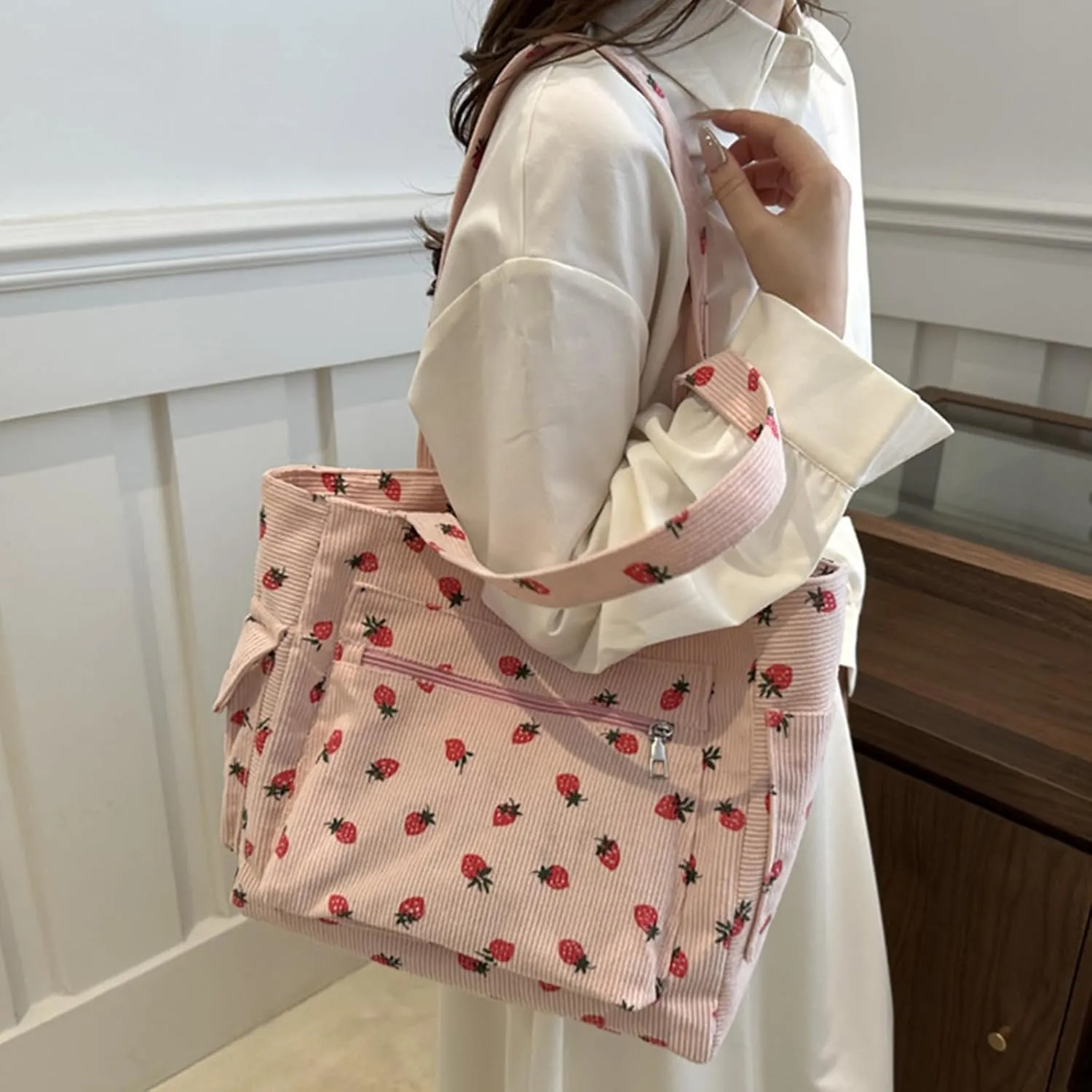 Tote Bag for Women Corduroy Handbag Large Capacity Travel Shoulder Purse Pink Cute Strawberries Canvas Bag