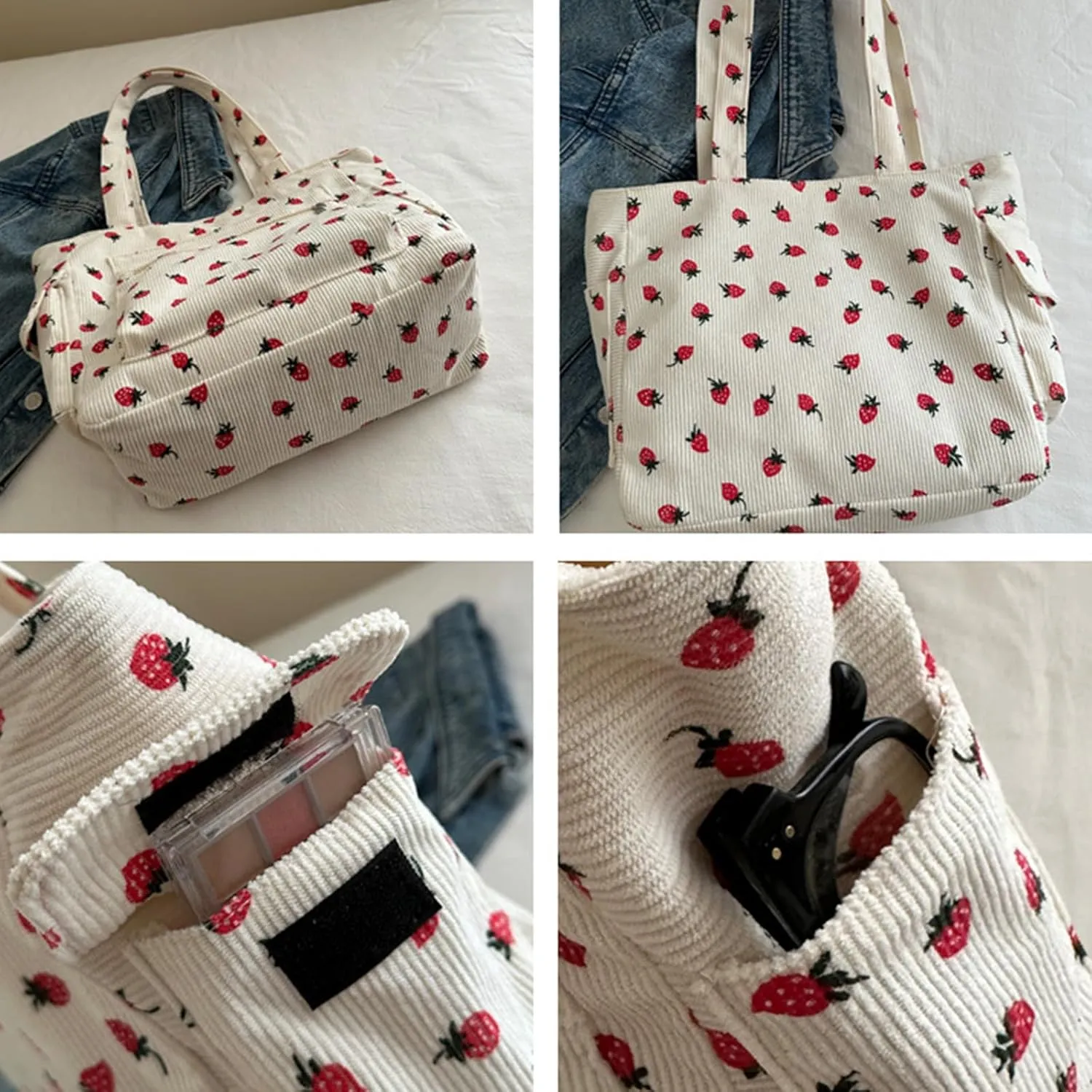 Tote Bag for Women Corduroy Handbag Large Capacity Travel Shoulder Purse Pink Cute Strawberries Canvas Bag