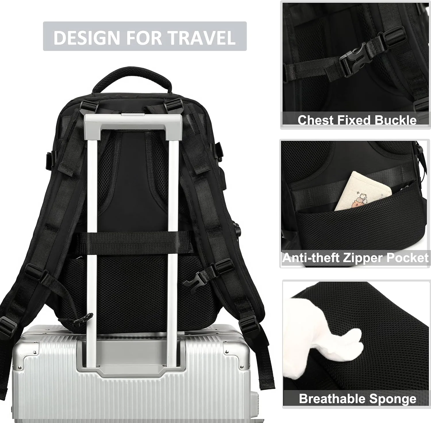 Travel Backpack for Women Men 15.6 Inch Laptop Backpacks with USB Port Carry on Backpack Flight Approved Large Back Packs College Bookbags Outdoor Sports Hiking Rucksack Casual Daypack (Black)