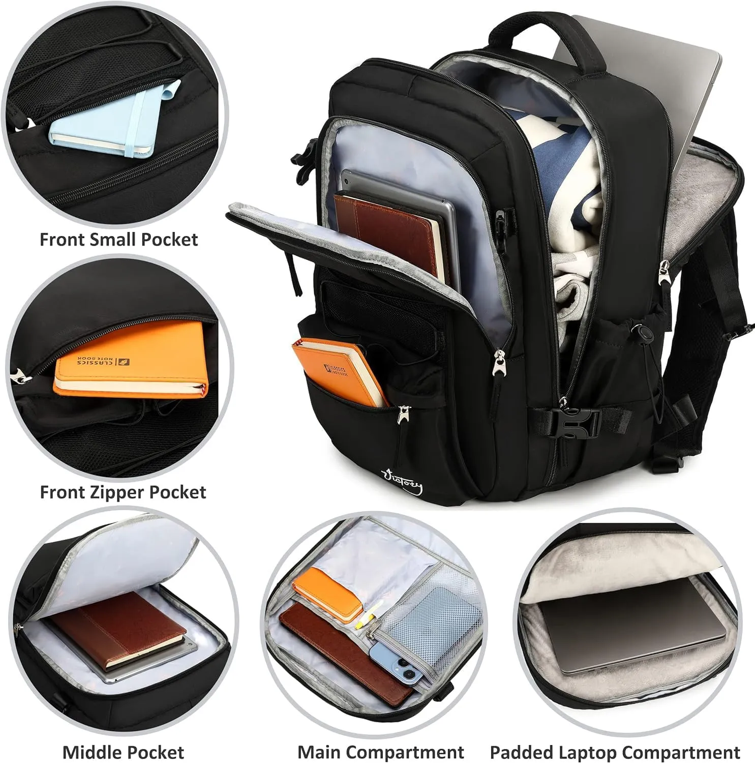 Travel Backpack for Women Men 15.6 Inch Laptop Backpacks with USB Port Carry on Backpack Flight Approved Large Back Packs College Bookbags Outdoor Sports Hiking Rucksack Casual Daypack (Black)