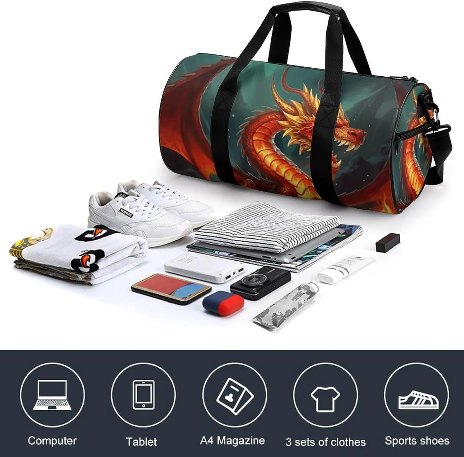 Travel Duffel Bag for Men And Women,Dragon King in Fire Waterproof Sports Fitness Bag Portable Travel Duffel Bag