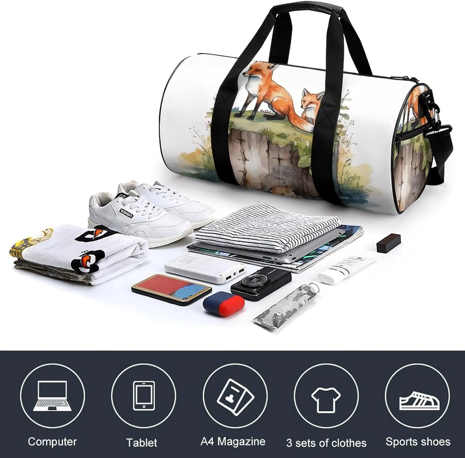 Travel Duffel Bag for Men And Women,Hand Drawn Fox Waterproof Sports Fitness Bag Portable Travel Duffel Bag