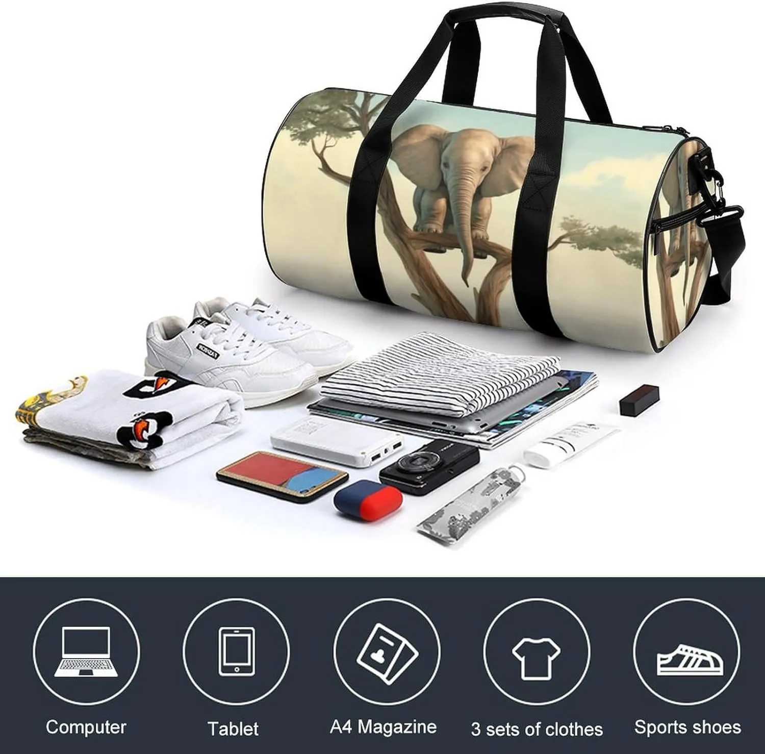 Travel Duffel Bag for Men And Women,Little Elephant on Tree Waterproof Sports Fitness Bag Portable Travel Duffel Bag