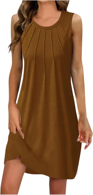 Trendy 2025 Spring Summer Dresses for Women Fashion Floral Printed Sleeveless Round Neck Pleat A-Line Beach Dress