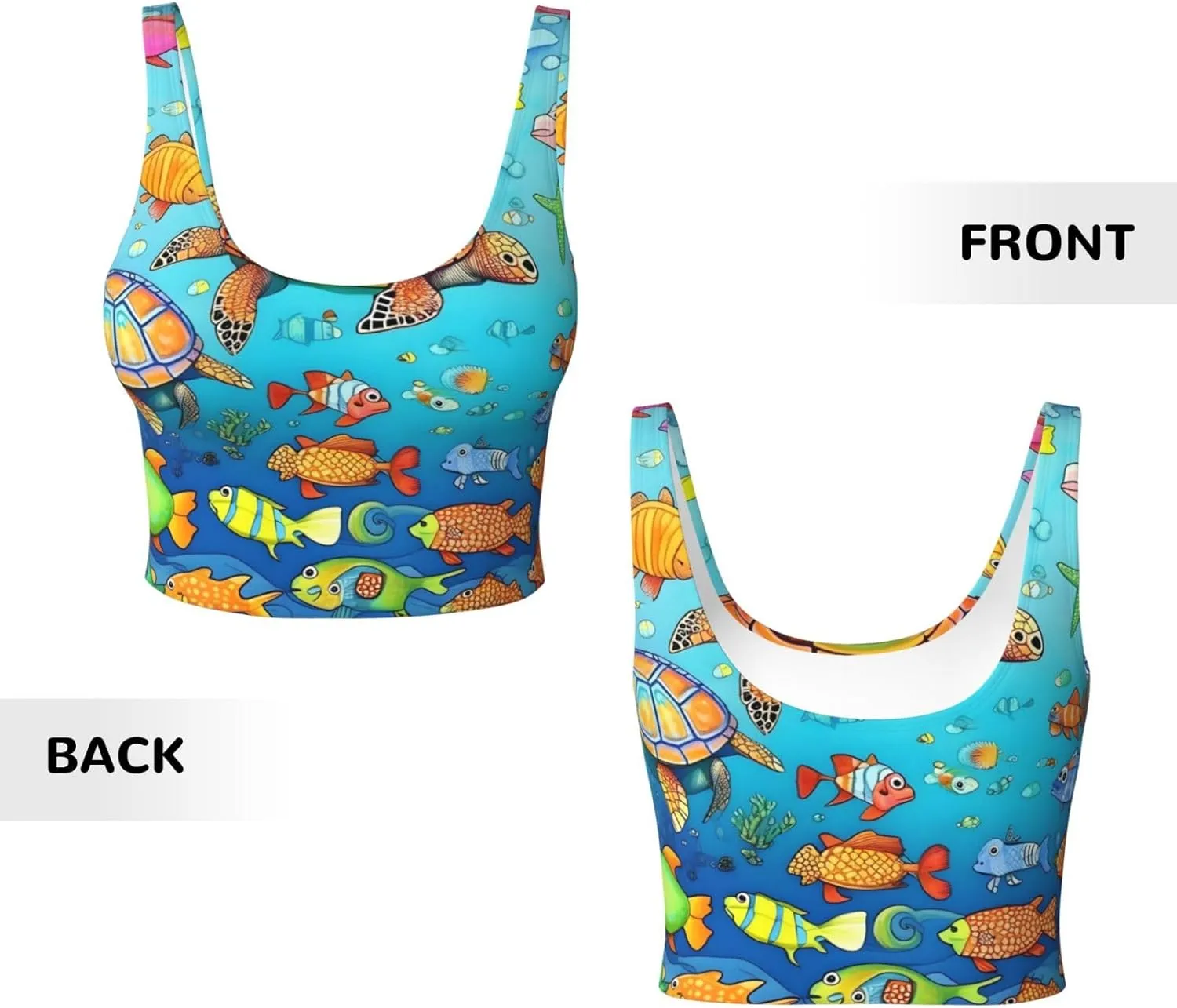 Turtle and Fish Women's U-Shaped Sports Bra, Padded Round Neck Sports Short Tank Top