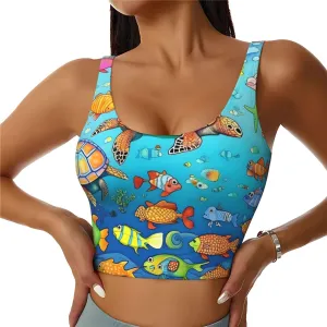 Turtle and Fish Women's U-Shaped Sports Bra, Padded Round Neck Sports Short Tank Top