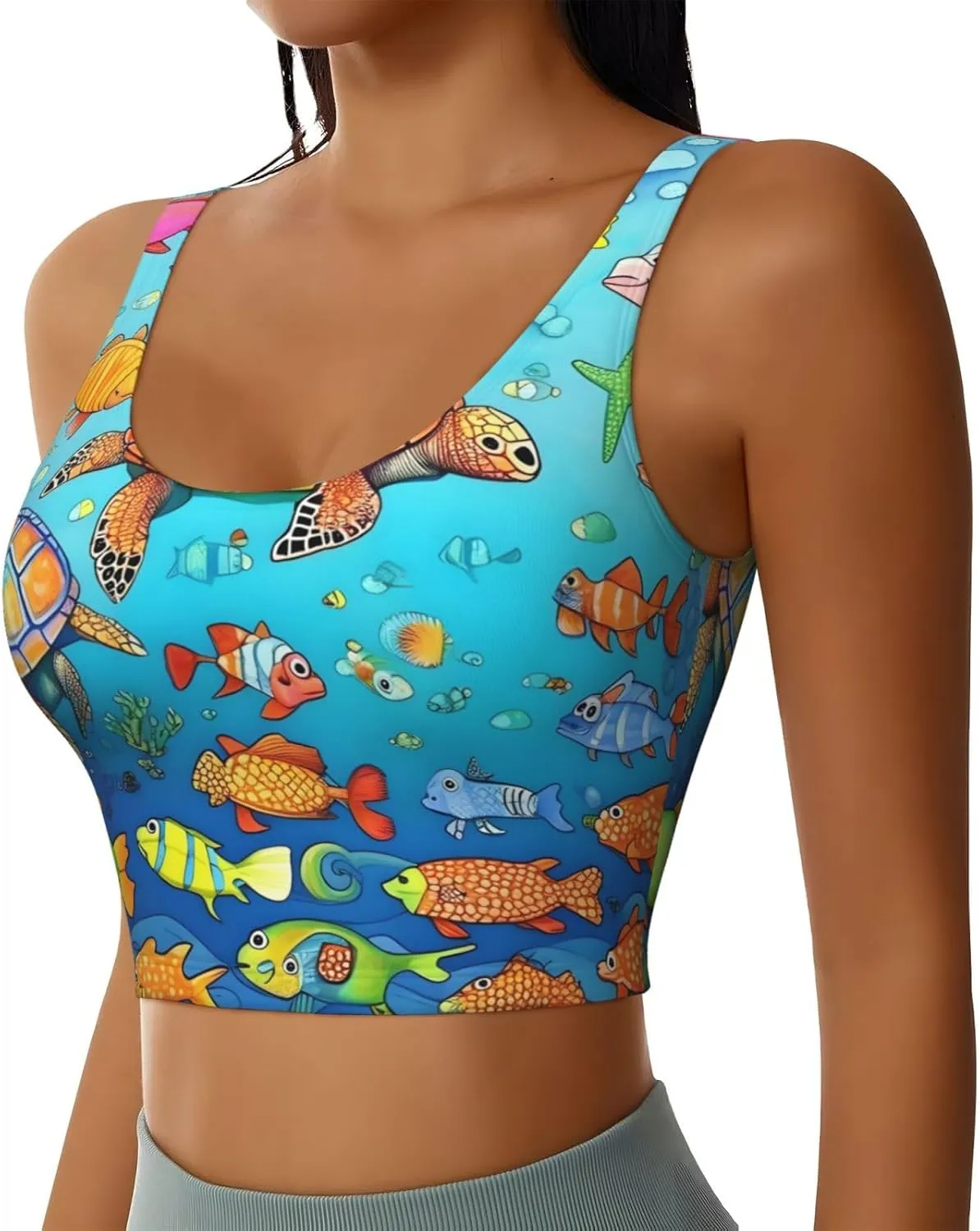 Turtle and Fish Women's U-Shaped Sports Bra, Padded Round Neck Sports Short Tank Top