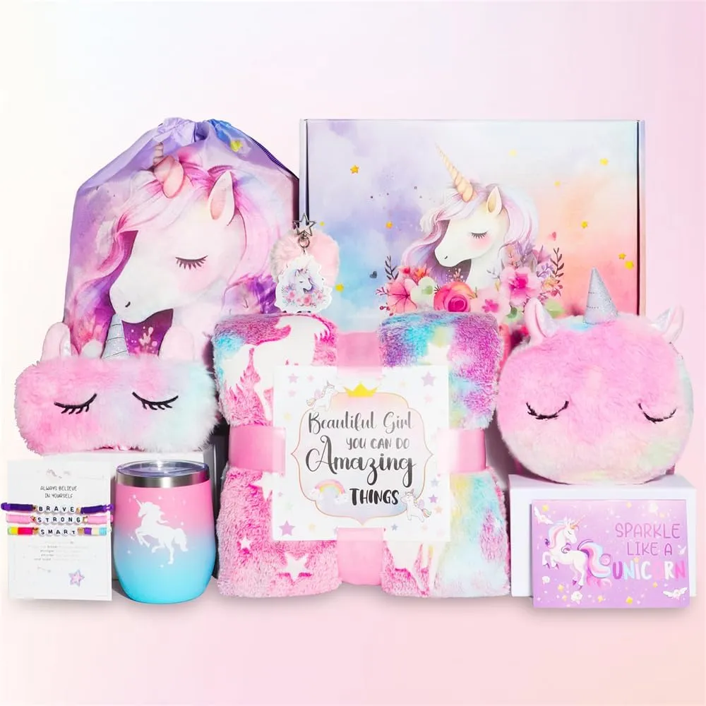 Unicorn Gift Box for Girls Ages 5-12 - Glow in The Dark Blanket, Stainless Steel Water Bottle, Crossbody Bag | Magical Birthday for Kids, Teens, Unicorn Lovers