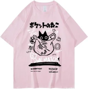 Unisex Cartoon T-Shirts Harajuku Kawaii Cat Letter Printed Short Sleeve Tees Couple Loose Clothes Y2K Tops