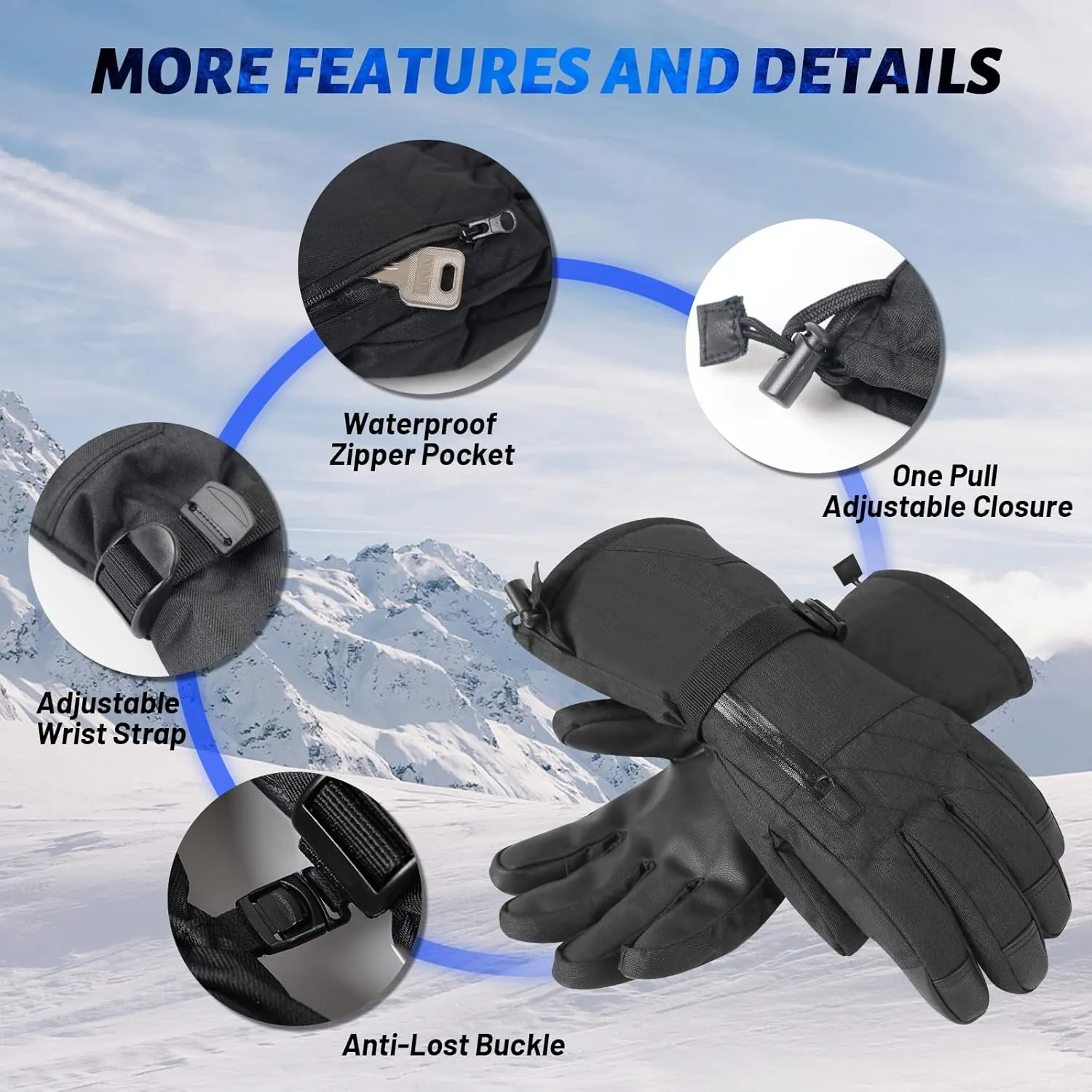 Unisex Waterproof Touchscreen Ski Gloves for Men Women, 3M Thinsulate Winter Snow Gloves with Pocket