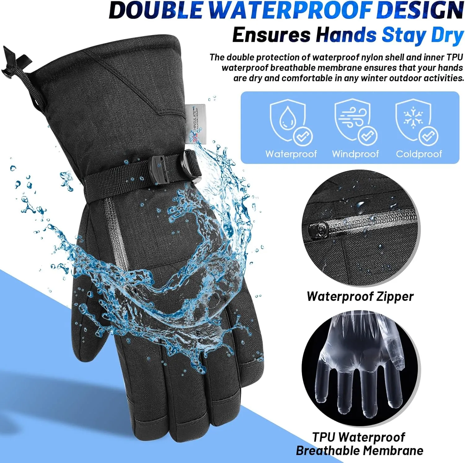 Unisex Waterproof Touchscreen Ski Gloves for Men Women, 3M Thinsulate Winter Snow Gloves with Pocket