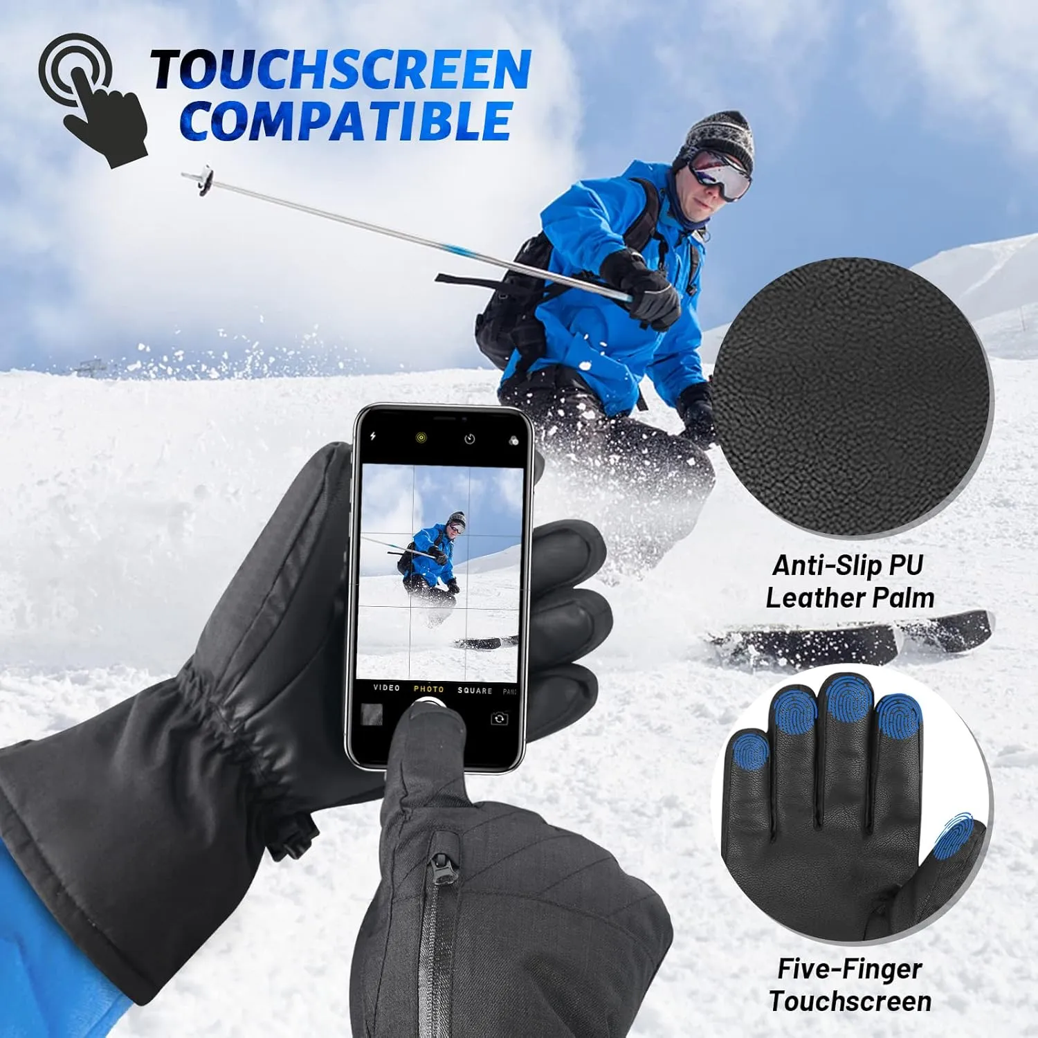 Unisex Waterproof Touchscreen Ski Gloves for Men Women, 3M Thinsulate Winter Snow Gloves with Pocket
