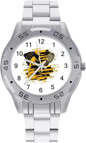 United States Tennis Player Simple Wrist Watches for Men Silver Casual Big Face Dress Watch Easy to Read