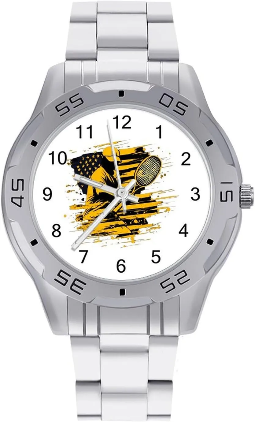 United States Tennis Player Simple Wrist Watches for Men Silver Casual Big Face Dress Watch Easy to Read