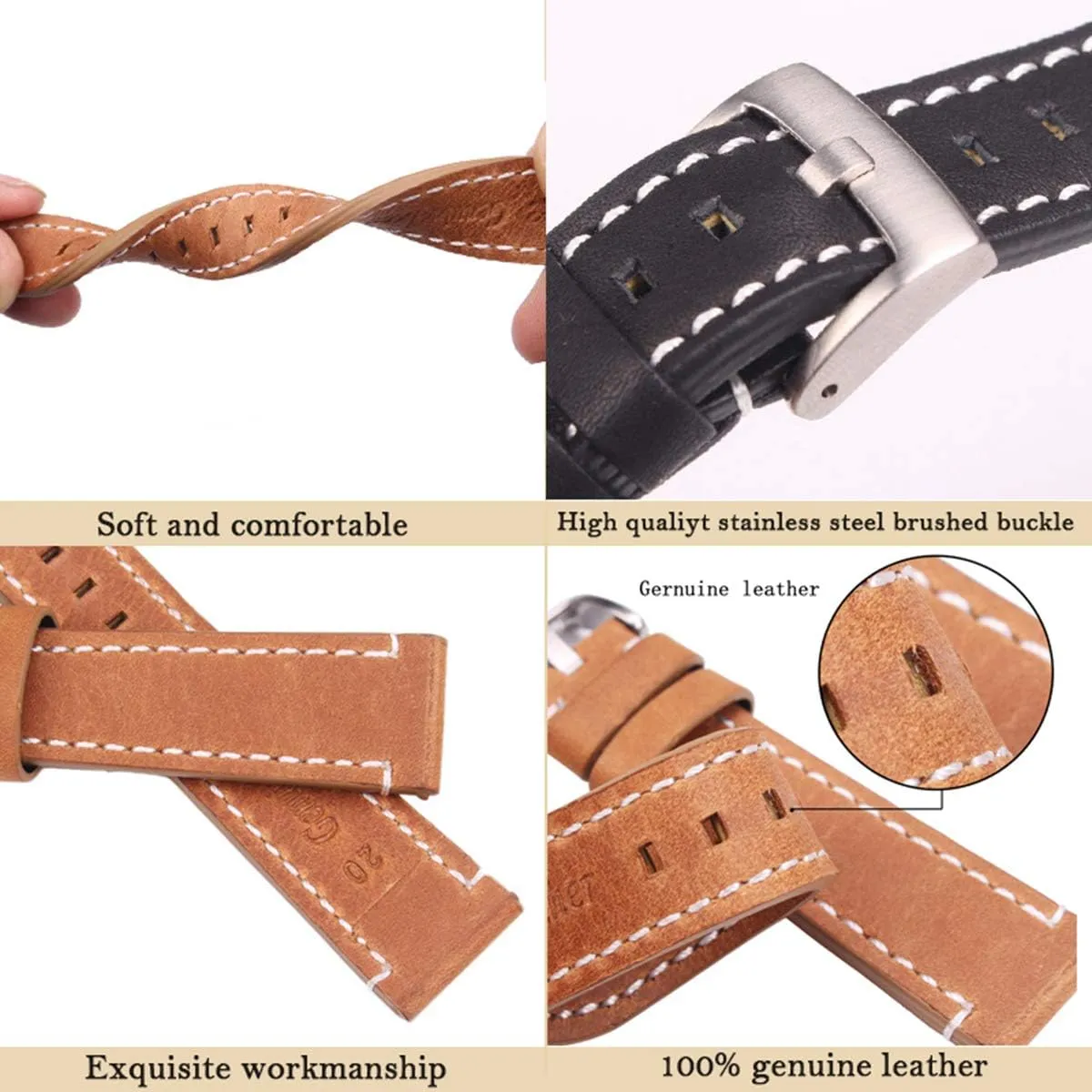 Universal Strap,Leather Watchbands 18mm 20mm 22mm 24mm Black Dark Brown Women Men Cowhide Watch Band Strap Belt with Buckle