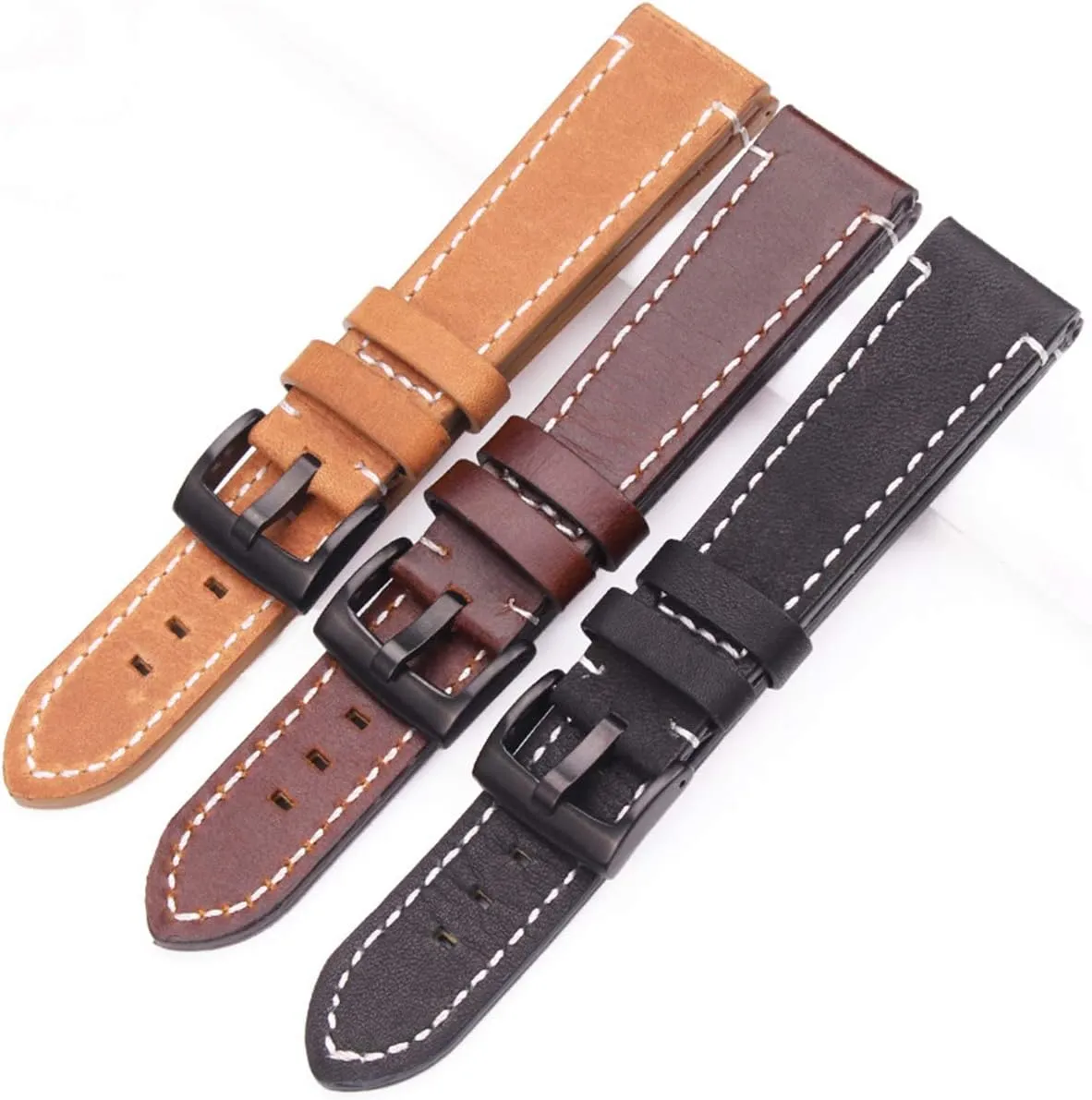 Universal Strap,Leather Watchbands 18mm 20mm 22mm 24mm Black Dark Brown Women Men Cowhide Watch Band Strap Belt with Buckle