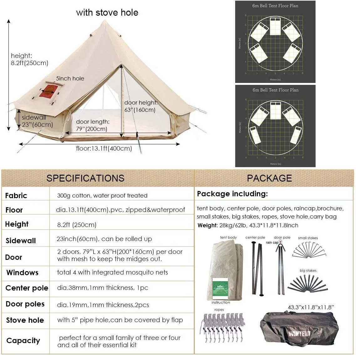 UNSTRENGH Large Beige Luxury 4-Season Camping Cotton Canvas Bell Tent Double Doors Camping Hunting Tent with Stove Jack Hole, Cable Hole