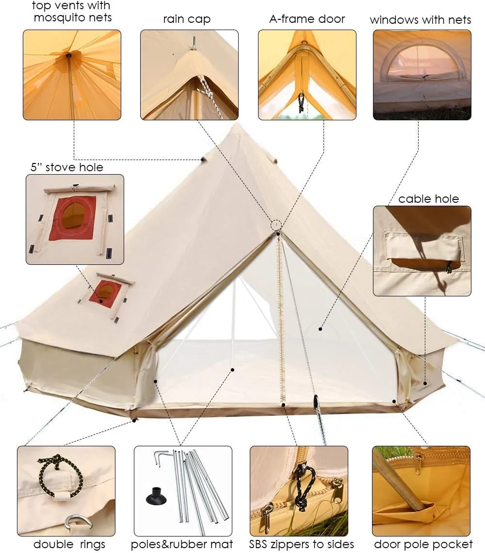 UNSTRENGH Large Beige Luxury 4-Season Camping Cotton Canvas Bell Tent Double Doors Camping Hunting Tent with Stove Jack Hole, Cable Hole