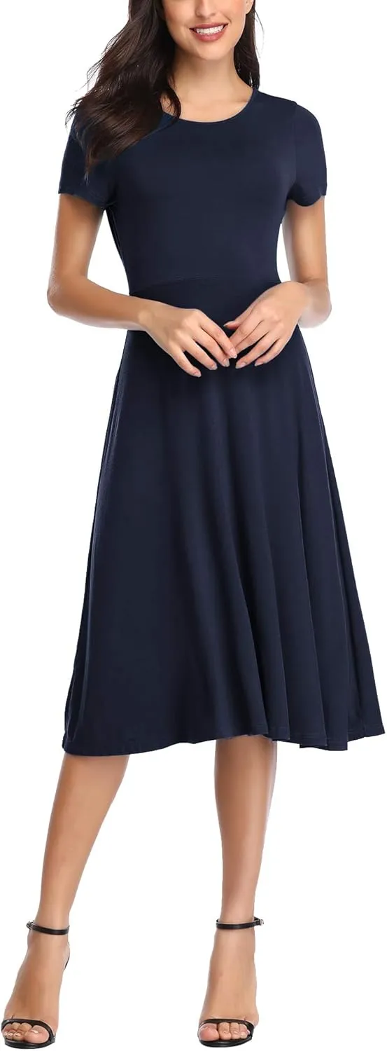 Urban CoCo Women's Vintage Short Sleeve High Waist Flared Midi Casual Summer Dress