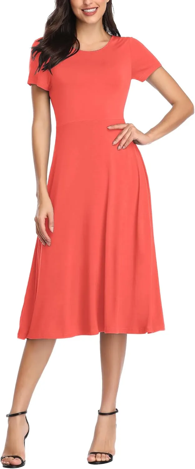 Urban CoCo Women's Vintage Short Sleeve High Waist Flared Midi Casual Summer Dress