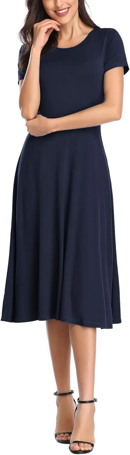 Urban CoCo Women's Vintage Short Sleeve High Waist Flared Midi Casual Summer Dress