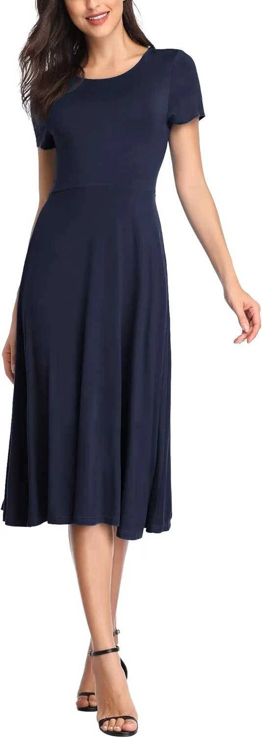 Urban CoCo Women's Vintage Short Sleeve High Waist Flared Midi Casual Summer Dress
