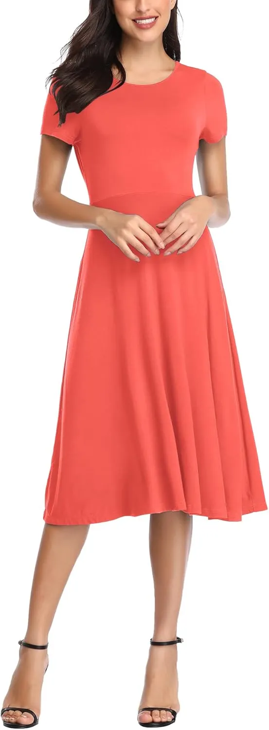 Urban CoCo Women's Vintage Short Sleeve High Waist Flared Midi Casual Summer Dress