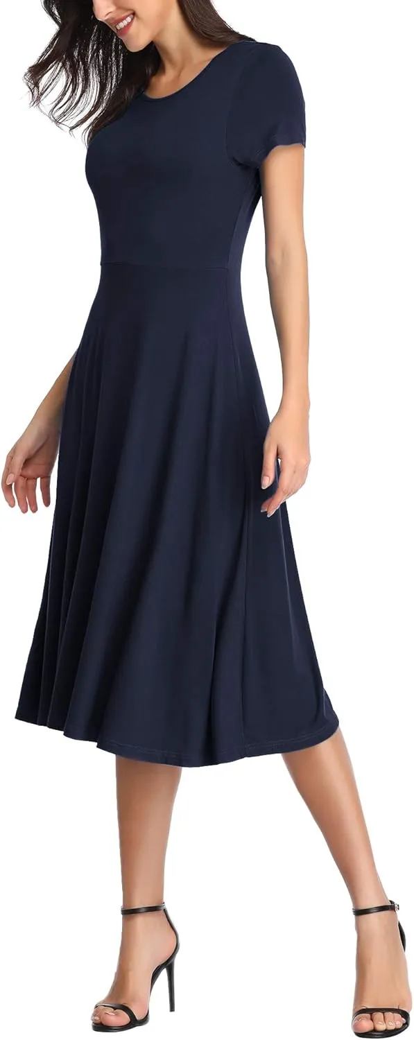 Urban CoCo Women's Vintage Short Sleeve High Waist Flared Midi Casual Summer Dress